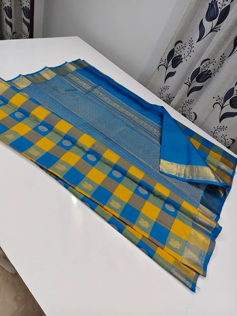 Blue and Yellow Checked Traditional Kanchipuram Silk Saree